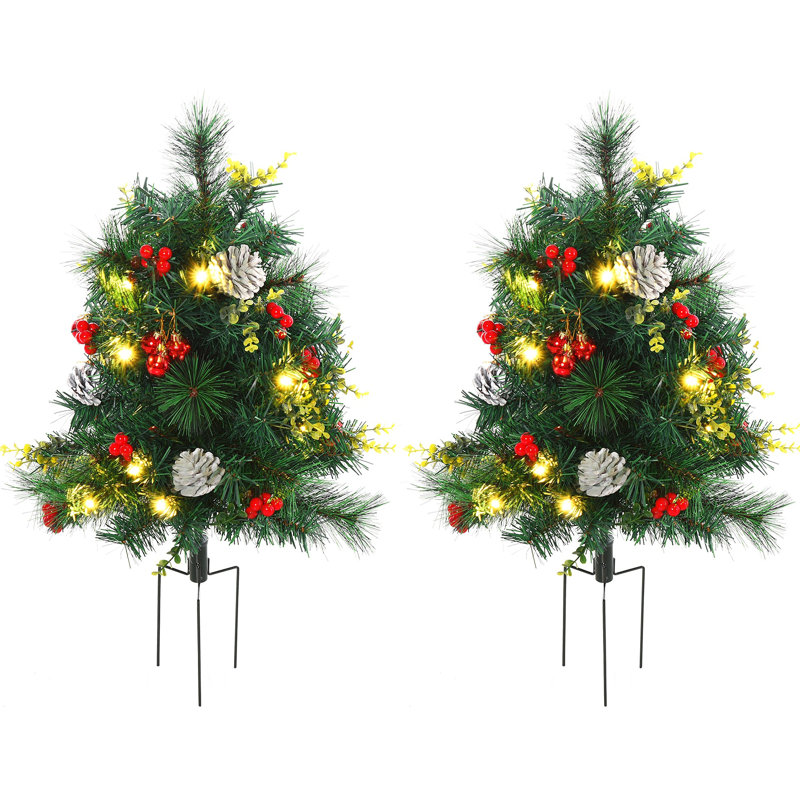 Paquet de 2 arbres de Noël pour l'extérieur, pin artificiel sans cordon avec piquets