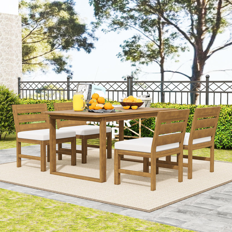 5-Piece Outdoor Dining Set with Solid Acacia Wood Table and 4 Cushioned Chairs for Garden or Deck, Beige, Natural