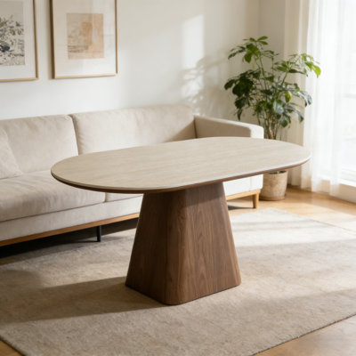 62.9" Oval Dining Table Solid Wood Walnut Veneer Base Scratch Resistant Sintered Stone Top Modern Stylish Design-- Arrtle Furniture