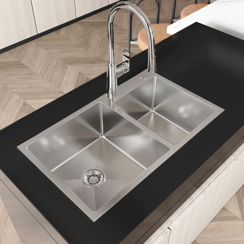 32"X19"X10" Double Bowl Sink, Stainless Steel Satin, Stain- Surface, Simple To Install Kitchen S304 Steel, Sound-Absorbing Pad, Versatile Basin Option