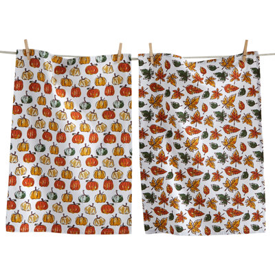 Pumpkin And Leaves Dishtowel Set Of 2 Orange Cotton Thanksgiving