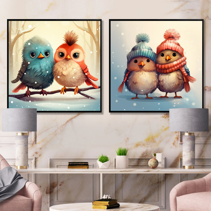 Amoureux des oiseaux de Noël pour chambre de bébé I - ensemble de 2 décorations murales d'oiseaux, Cadre flottant noir