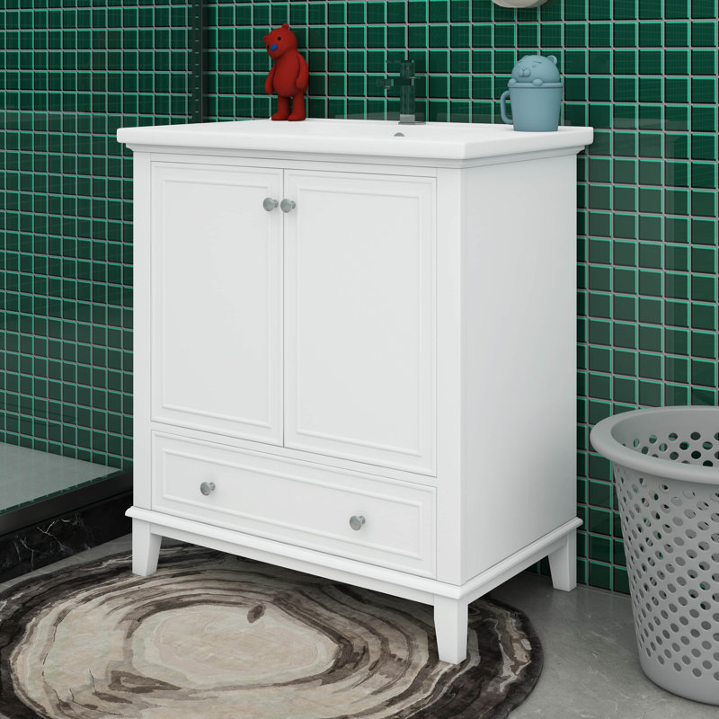 Meuble-lavabo 30 po avec lavabo et armoire de rangement multifonctionnelle avec portes et tiroir, White