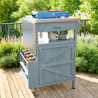 Outdoor Rolling Grill Cart With Stainless Steel Top, Drop Leaf, One Drawer, Towel Rack, Spice Rack, Metal "s" Hooks And Plastic Garbage Bag Holder by Rosalind Wheeler