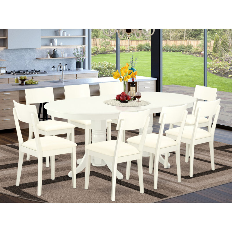 9 Piece Kitchen Table & Chairs Set Includes an Oval Dining Room Table with Butterfly Leaf and 8 Faux Leather Upholstered Chairs, Linen White