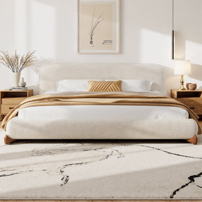 Cocoon California King Size Upholstered Platform Bed with Thick Boucle Fabric Headboard, 7.4 Inch Padded Headboard, Elegantly Curved Design, Solid Wood Anchor-Shaped Legs
