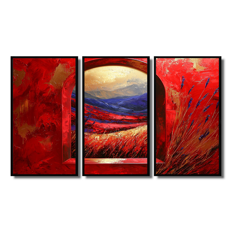 «Red Summer Meadow», ensemble d'art mural prairie, H 40 po x l 60 po x P 1 po, Toile avec cadre flottant noir