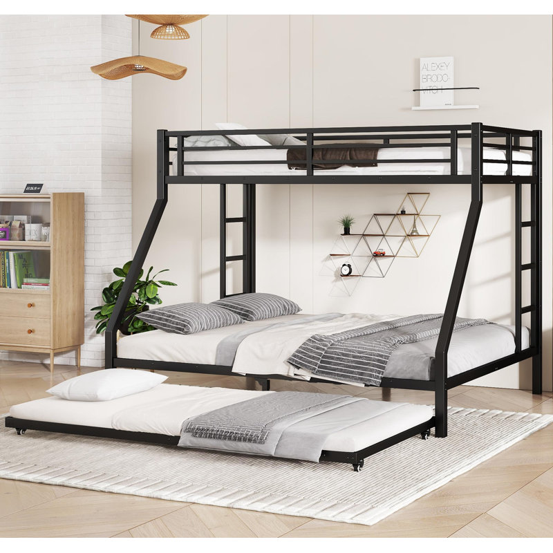 Metal Bunk Bed with Trundle, Black, Twin XL Over Queen