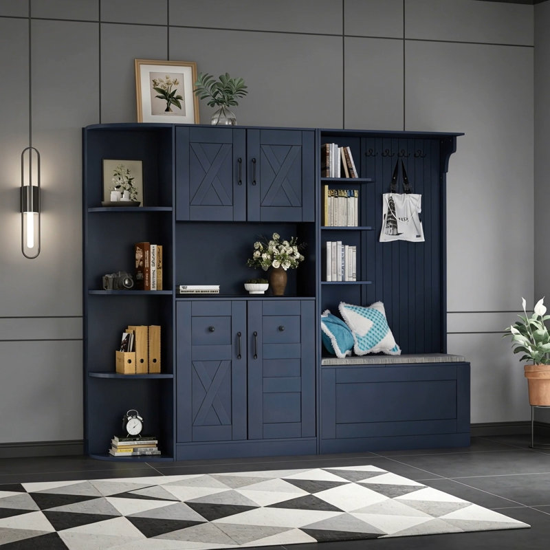 Multifunctional Left-Right Combination Hall Cabinet (Can Be Used Separately) With Storage And 4 Hooks, Storage Cabinet/ Hall Tree 2 In 1 For Living Room, Kitchen And Hallway, Antique Blue