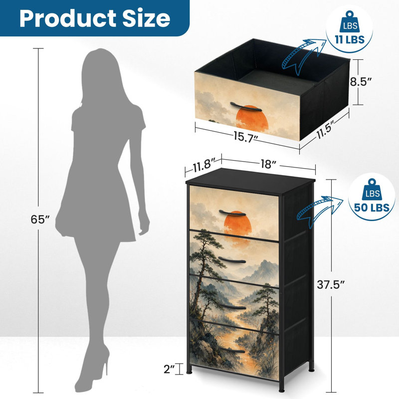 Commode 4 tiroirs pour chambre à coucher, commode étroite, plateau en bois et structure en fer 18 "x 37,5" - (l x H) - avec paysage de montagne serein, soleil rouge, rivière qui coule