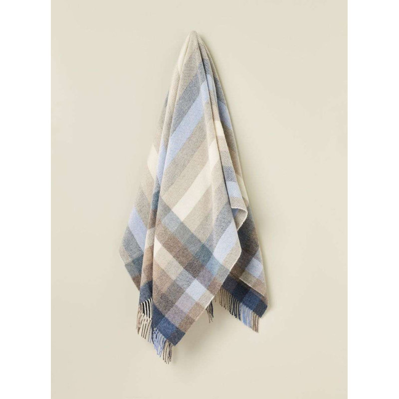 Jeté en laine Shetland, Bleu / blanc / gris / beige géométrique