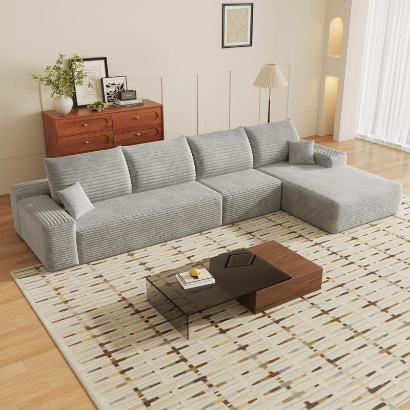 Canapé modulaire en velours côtelé de 135 po avec méridienne, canapé en L désossé en forme de nuage pour le salon, canapé d'angle modulaire, canapé à assise profonde moelleuse et sans assemblage