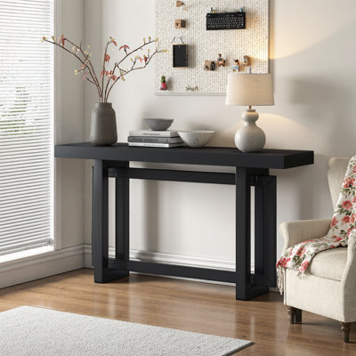 59.1" White Pine Veneer Entryway Console Table, Triple Rectangle Solid Pine Legs, Sofa Table for Hallway & Living Room