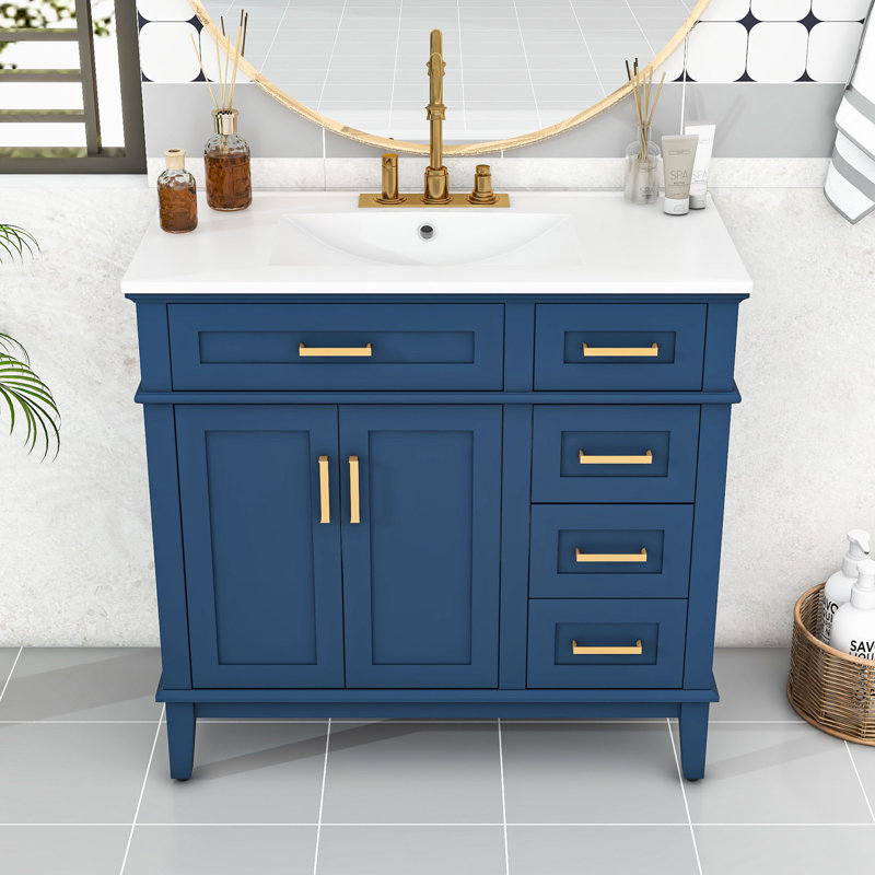 Meuble-lavabo de 36 po avec comptoir en céramique, portes à fermeture douce et 4 tiroirs de rangement, Bleu
