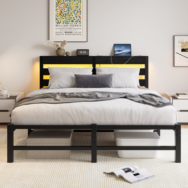 Cadre de lit plateforme en métal avec tête de lit grand, ports USB, lumières DEL RVB, rangement, aucun sommier nécessaire, noir