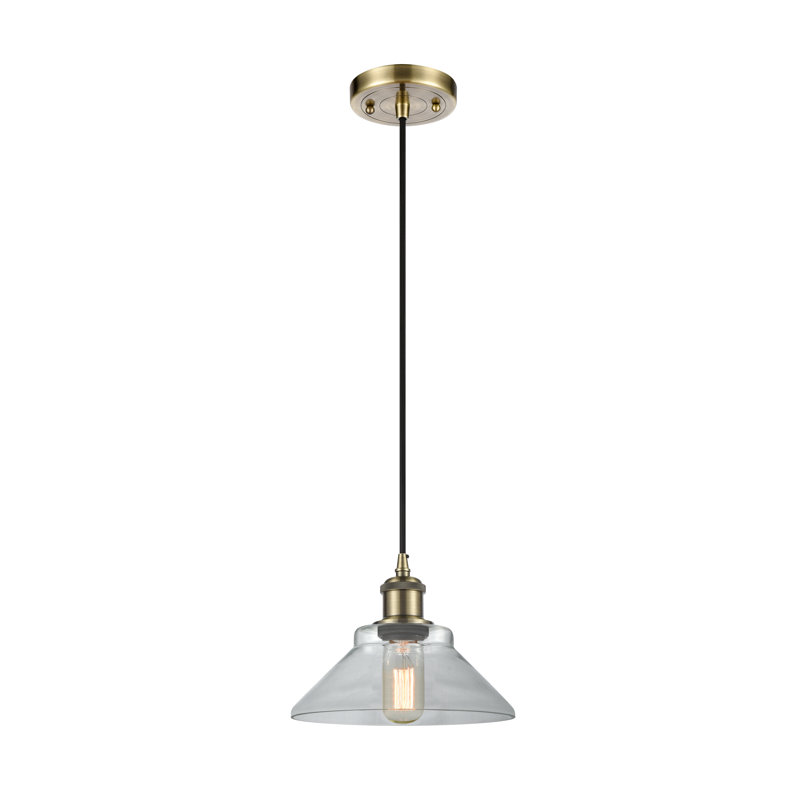 Luminaire suspendu 1 lumière à ampoule unique Cothern, Transparent, Ampoule non incluse, Laiton antique