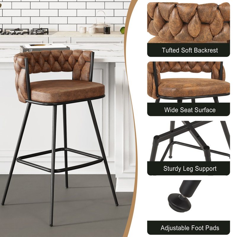 Bar Stools Set Of 6 Counter Height Velvet Upholstered Morden Barstools With High Backs 6 Metal Legs Chair For Kitchen Island Dining Room Bar, Brown