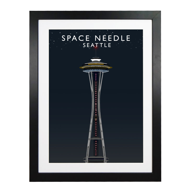 'Space Needle Night' 1 Piece Wall Art, 54 cm H x 44 cm W x 2.2 cm D, Black Wood Frame