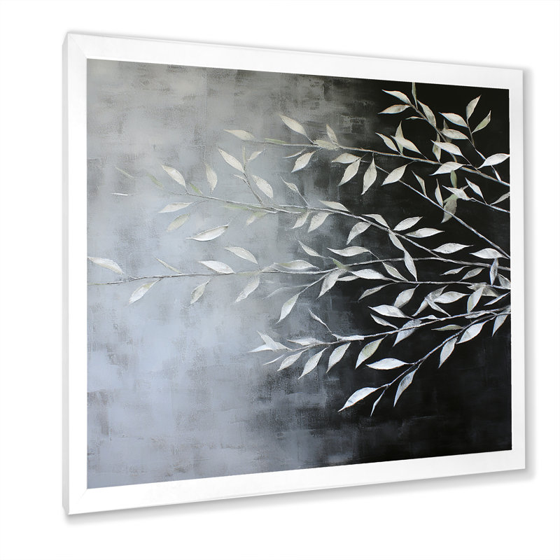 Feuilles de saule en blanc - reproduction sur toile, Cadre simple blanc, H 16 po x l 16 po x P 1 po