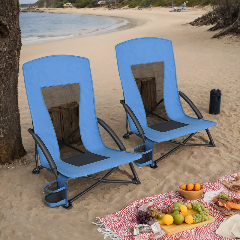 Portable Beach Chairs Set Of 2, With High Backrest, Foldable, Lightweight, Comfortable, Heavy Duty, Light Blue