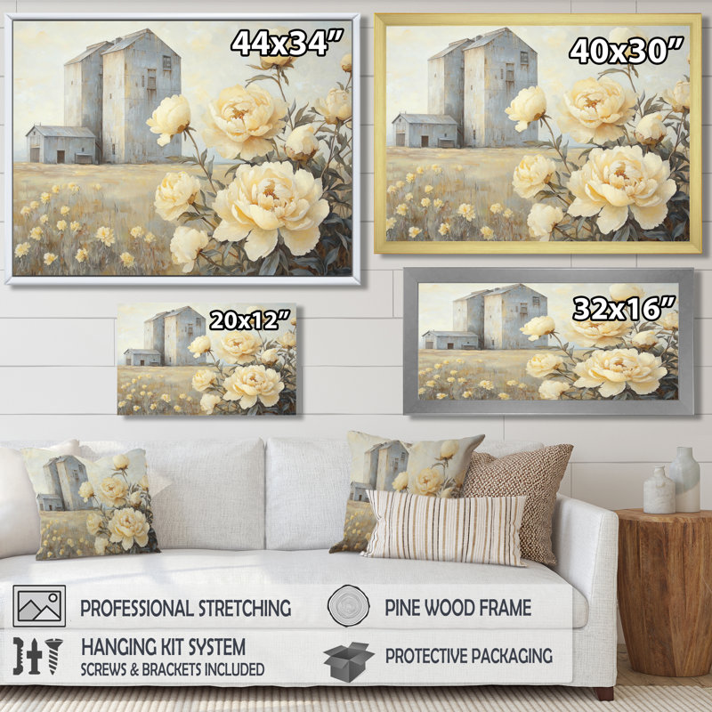 «Donberg Farm Pe pivons By The Grain Silo I», art mural pivoines, Reproduction encadrée d'une seule photo, H 30 po x l 40 po