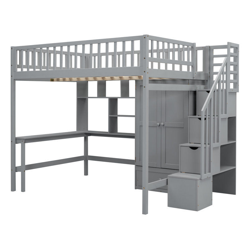 Lit mezzanine double avec bibliothèque, tiroirs, bureau et garde-robe gris