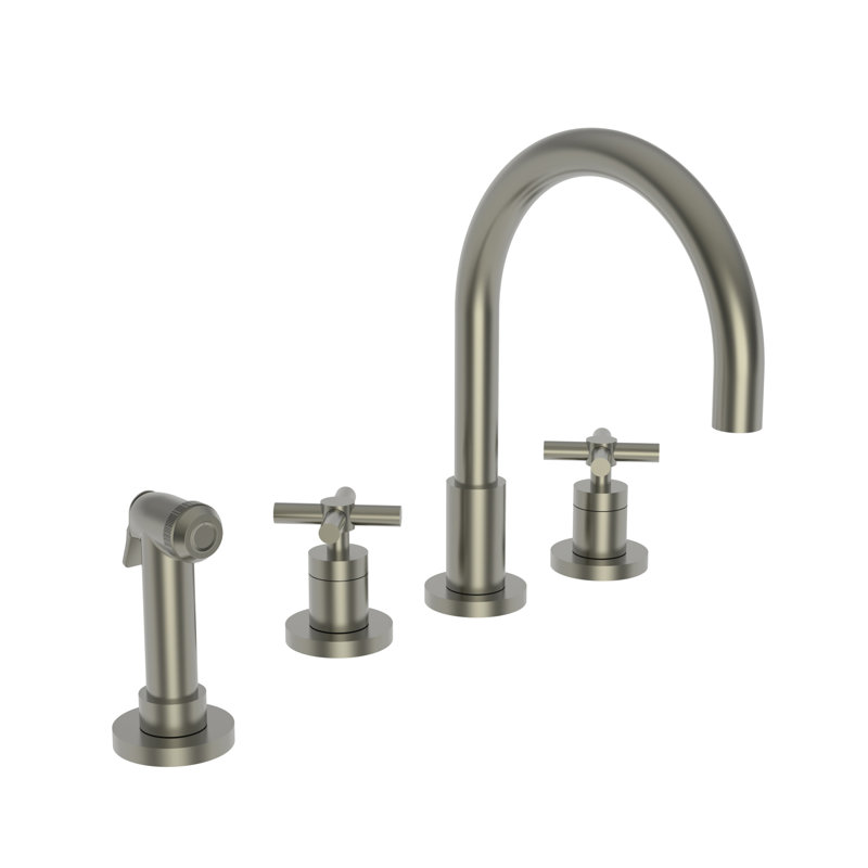 East Linear Double Handle Kitchen Faucet with Side Spray, Antique Brass, Cross