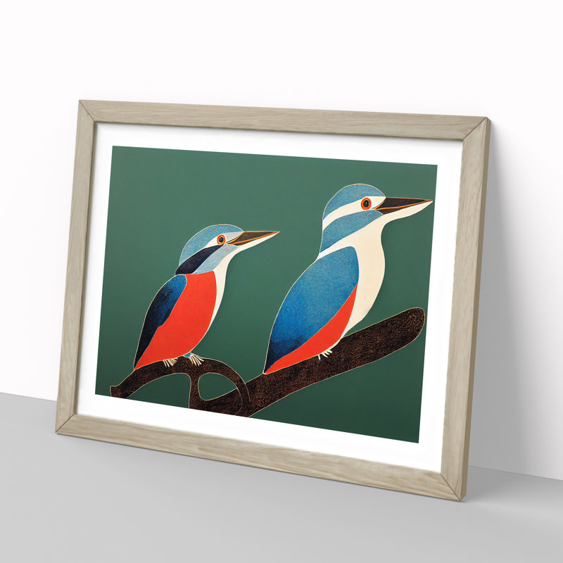 Beautiful Kingfisher Birds Abstract - Single Picture Frame Print, 34cm H x 46cm W x 2cm D, Grey Framed