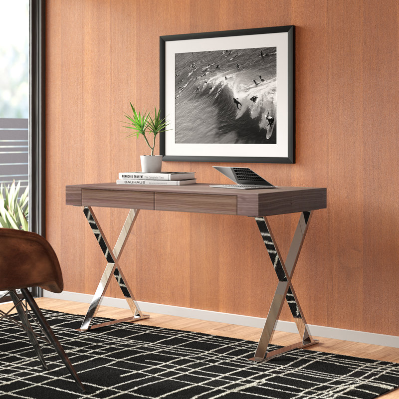 Alexa Contemporary Walnut Wood top Writing Desk with Polished Steel/Metal X-Base and 2 Storage Drawers, Walnut/Silver