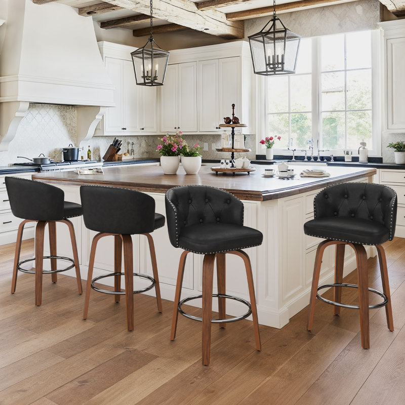 Swivel Upholstered Counter & Bar Stool With Wood Frame (Set Of 4), Black/Walnut