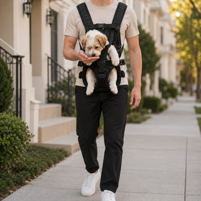 Sac à dos de transport pour chien noir, face à l'avant, avec bretelles rembourrées et filet respirant