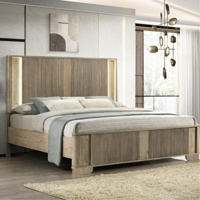 Très grand lit transitionnel avec tête de lit à DEL, finition chêne antique, panneaux, pièce de décoration de chambre en bois massif rustique, panneau, décor
