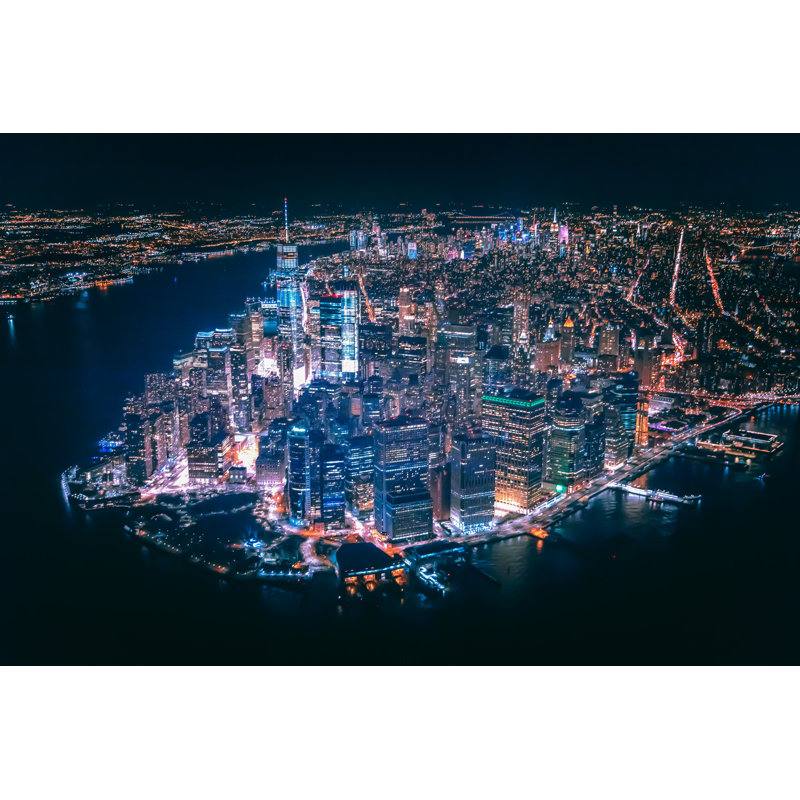 New York City, NY, vue aérienne, paysage urbain, nuit, lumières de la ville, lumière rougeoyante, Manhattan