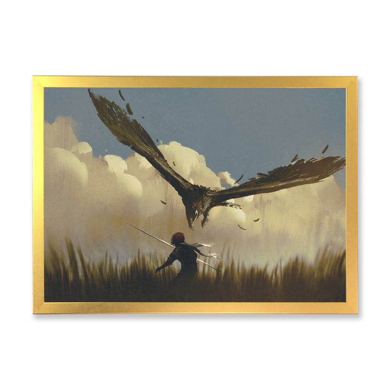 «Video Game Man Versus Eagle», reproduction d'art moderne sur toile, Cadre photo doré, H 30 po x l 40 po x P 1,5 po
