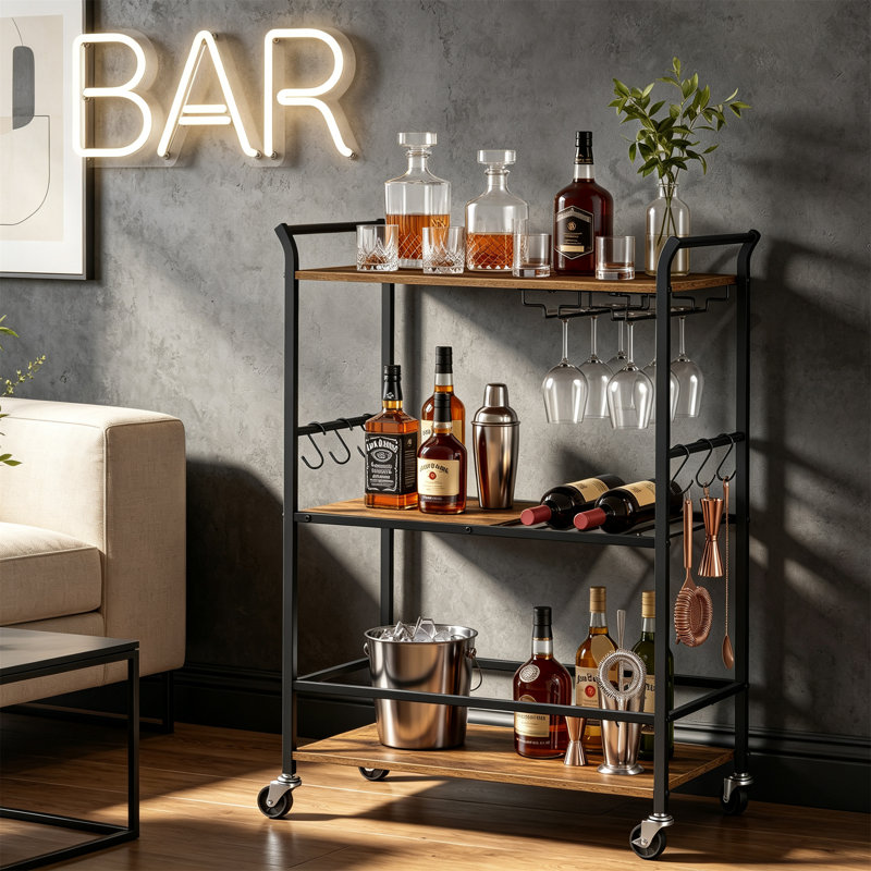 Drinks Trolley, Bar Cart, 3-Tier on Wheels