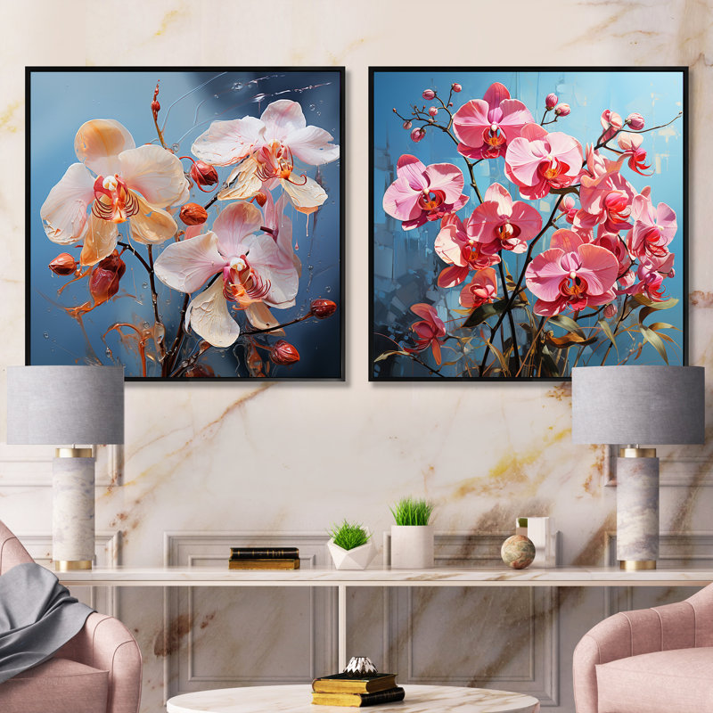 Orchidées bleues abstraites Euphoria IV - ensemble de 2 orchidées carrées, Cadre flottant noir, H 16 po x l 33 po