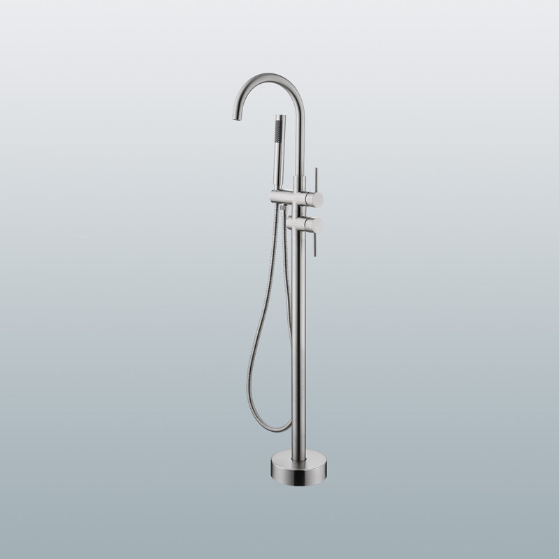 Floor Mount Bathroom Freestanding Tub Filler Faucet With Handheld Shower, Brushed Nickel