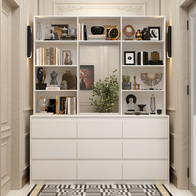 Elegant Accent Cabinet With Integrated Mirror, Large Storage Drawers, And Open Shelving For Display