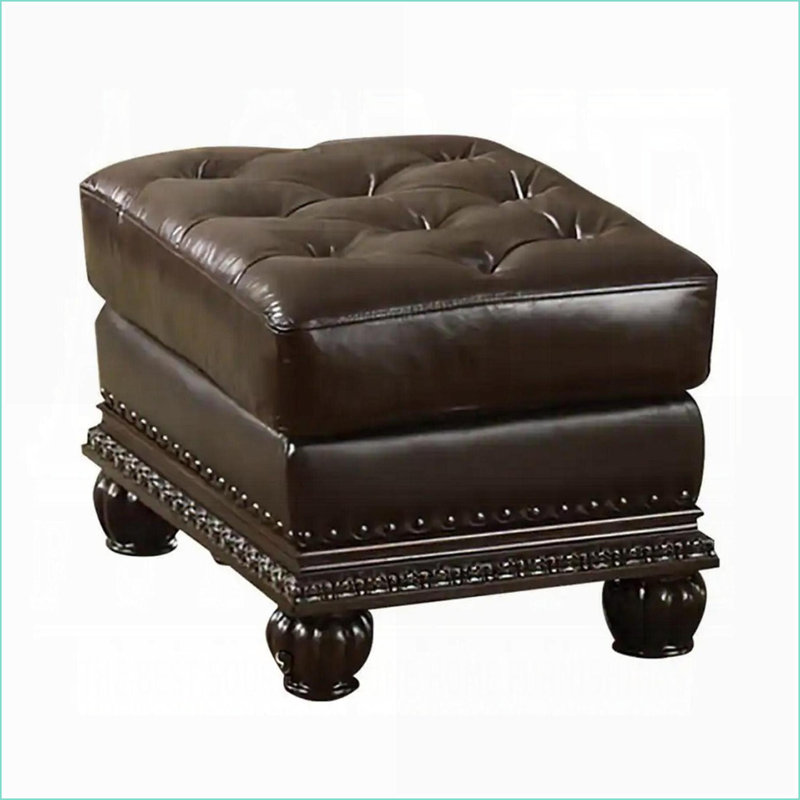 Repose-pieds pour petits espaces, cuir fleur capitonné avec garniture cloutée, espresso et amp; Cerise | Brun foncé | Bois
