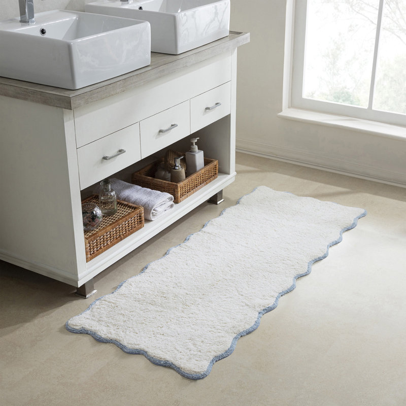Ebern Designs Home Whitman Cotton Bath Rug, White/Dusty Blue, Single - 60" L x 24" W