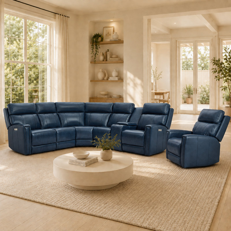 Canapé modulaire en cuir et fauteuil inclinable électrique Rumalda, Cuir véritable bleu, Électrique - Bouton-poussoir