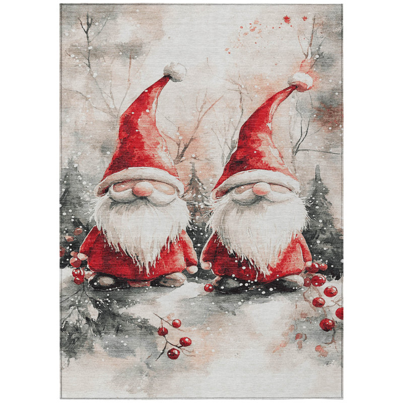 Machine Washable Indoor/Outdoor Christmas Gnome Xhevrie Ivory Rug, Rectangle 8' x 10'