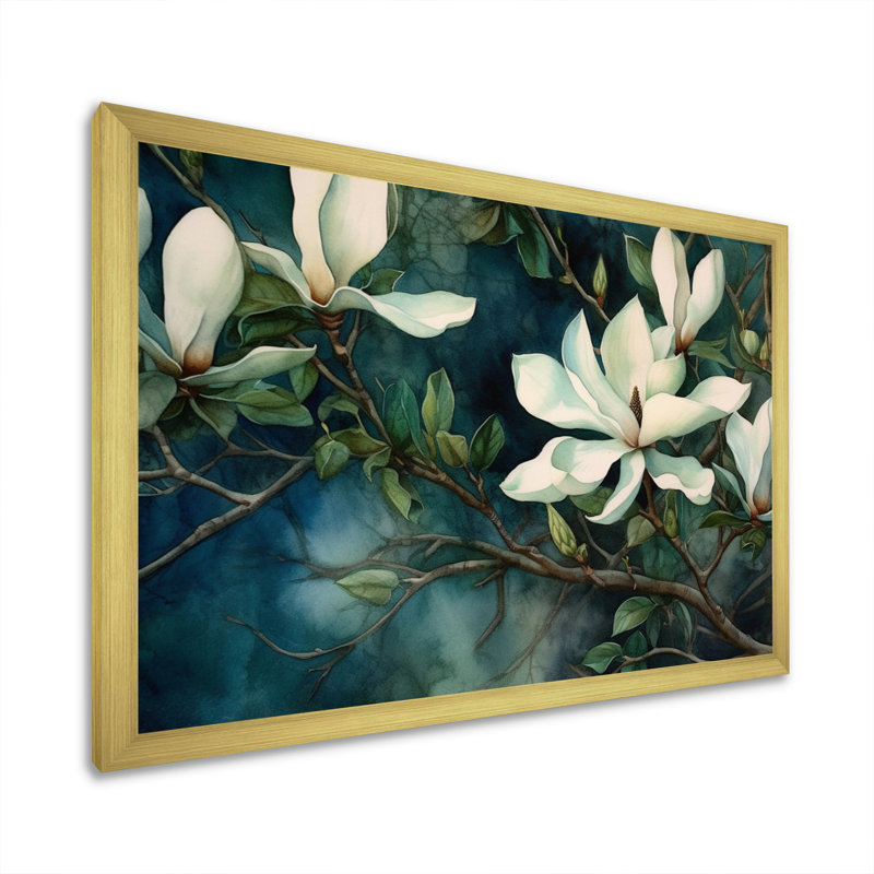 Magnolias vert et blanc - art mural floral pour le salon, H 30 po x l 40 po x P 1,5 po, Cadre doré à une seule photo