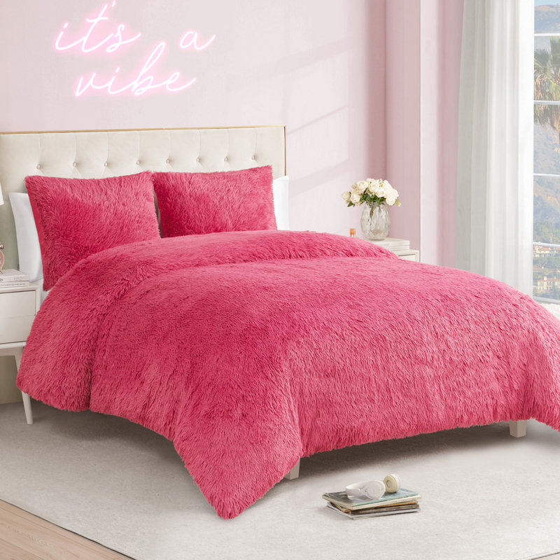 Juicy Couture Shaggy Faux Fur Comforter & Shams Bedding Sets, Queen Comforter + 2 Standard Shams, Hot Pink