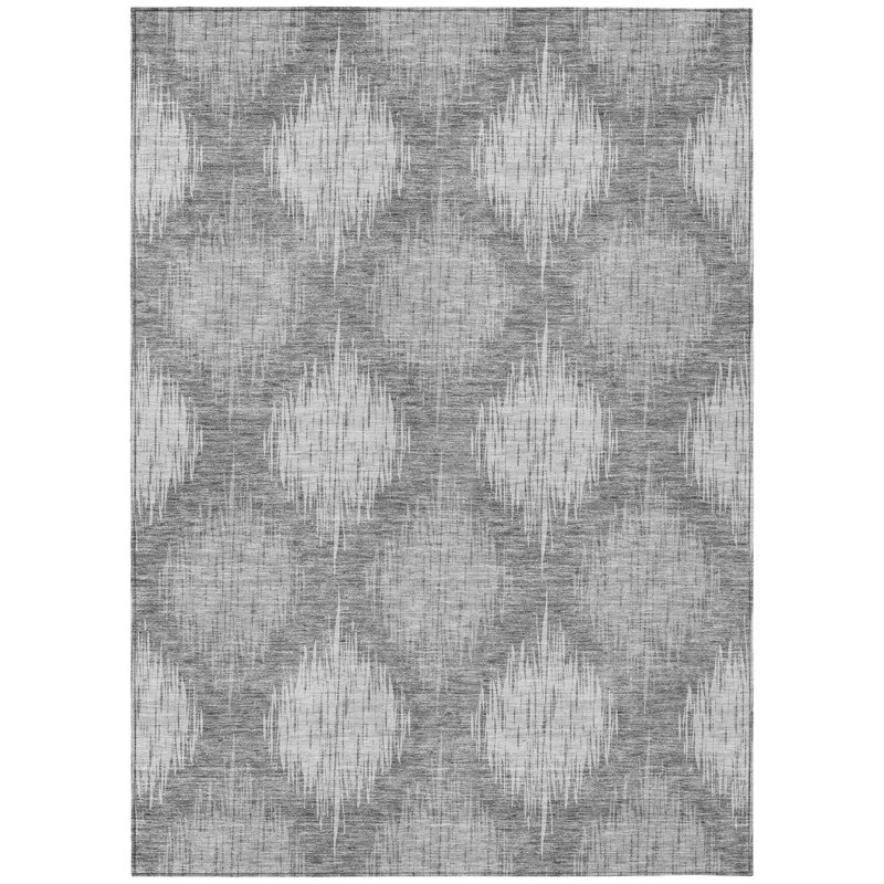 Tapis intérieur / extérieur gris lavable en ikat argenté 10 pi x 14 pi
