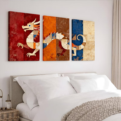 «Geometric Dragon», reproduction d'art sur toile tendue sur toile abstraite (ensemble de 3)