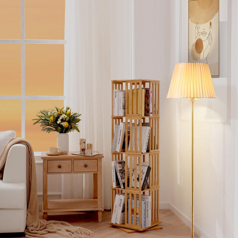 360°Rotating Bamboo Bookshelf With Cross Dividers For Anti-Tipping, Large-Capacity Organizer, Stable Base For Living Room/Study/Office (Pre-Assembled For Easy Assembly)