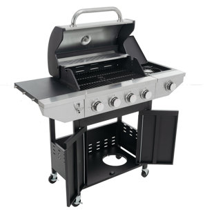 Barbecue au propane extérieur en acier inoxydable avec barbecue au propane 26 000 BTU avec tablettes latérales, couvercle, roues et ouvre-bouteille, finition noire