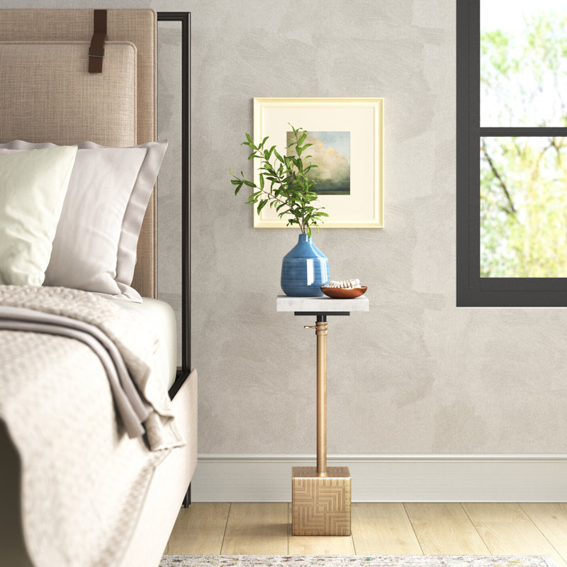 Yeni Genuine Marble Pedestal End Table, Antique Brass