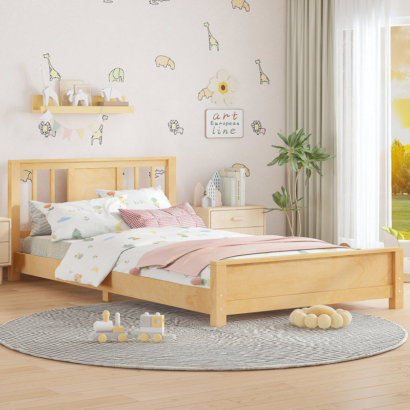 Base de lit plateforme simple avec tête de lit, base de lit plateforme en bois massif, lit de plancher avec lattes de soutien, naturel